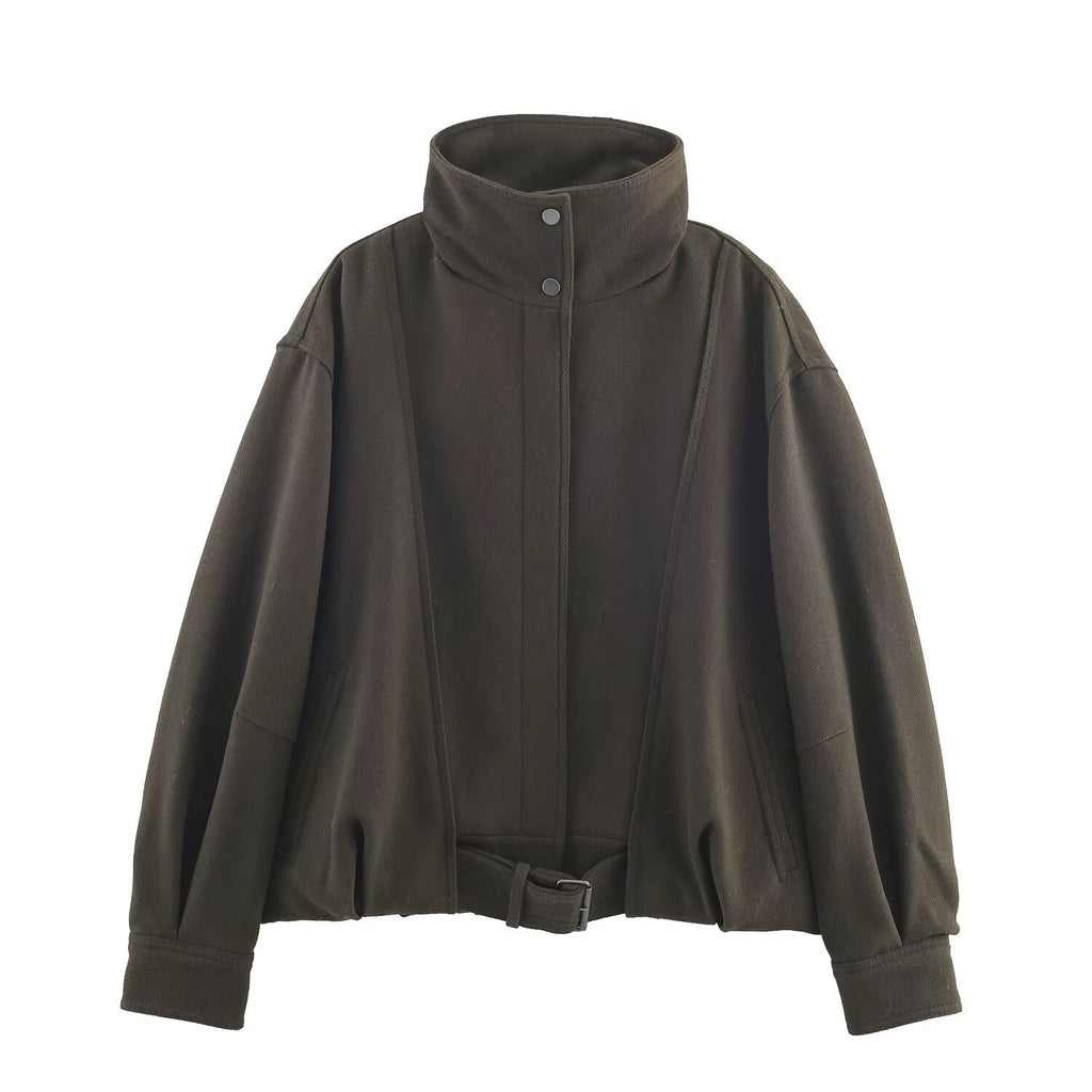 Women's Jacket Dark Olive Wool Blend BYMANYC ® New York SOHO BELTED HIGH COLLAR BOMBER - New Collection