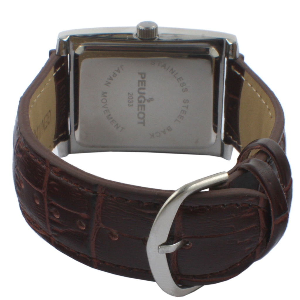 Men's 30X40mm Silver Tank Shape Watch with Blue Dial and Brown Leather Strap