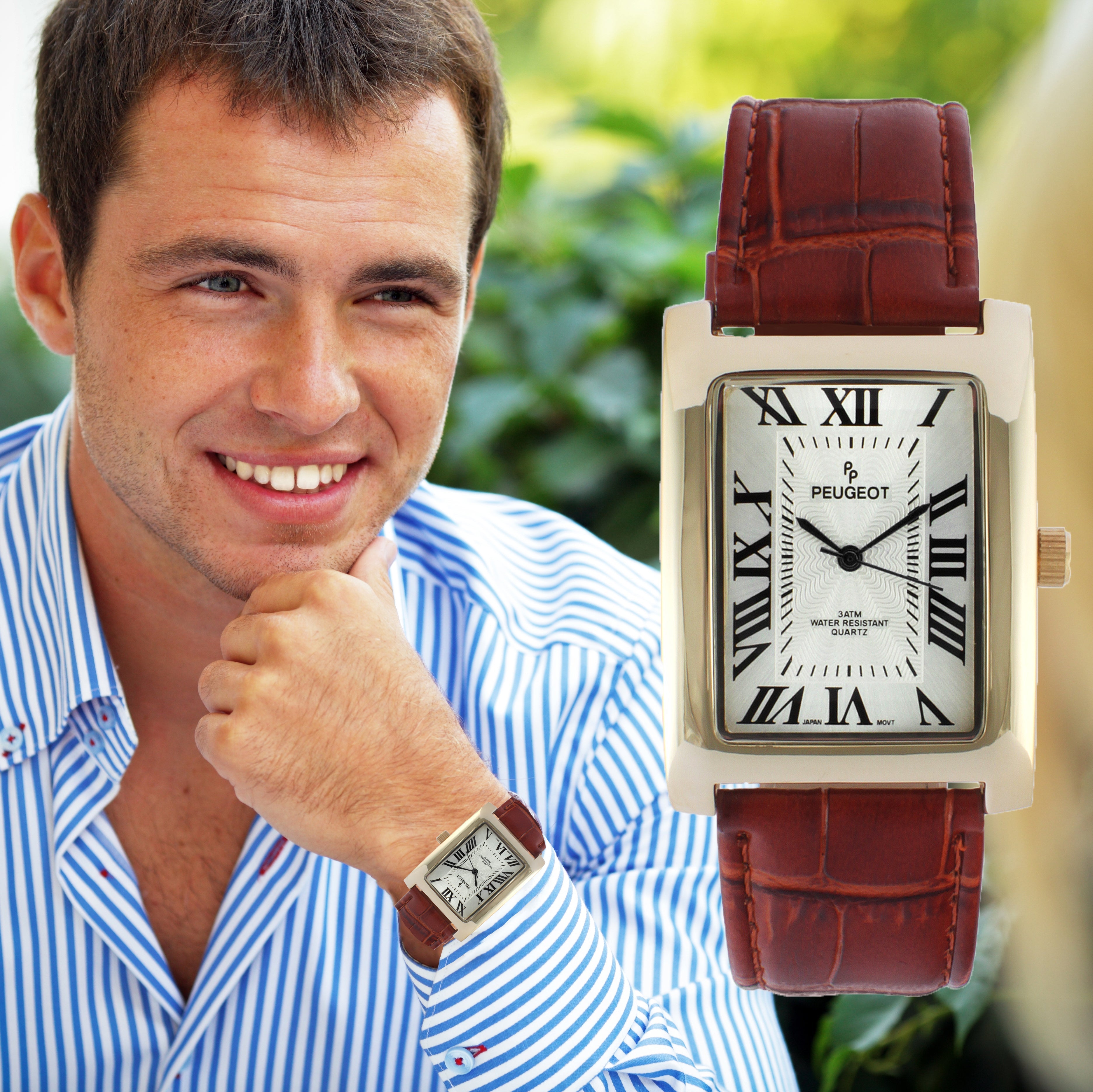Men's 43 x 30 mm Brown Vintage Tank Leather Strap Watch