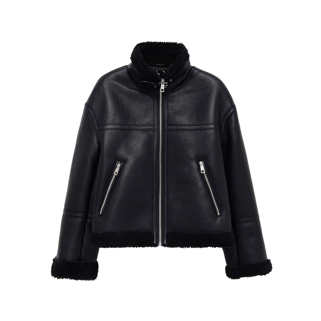 Women's Jacket Black Faux Leather Shearling BYMANYC ® New York SOHO BLACK AVIATOR BIKER - New Collection