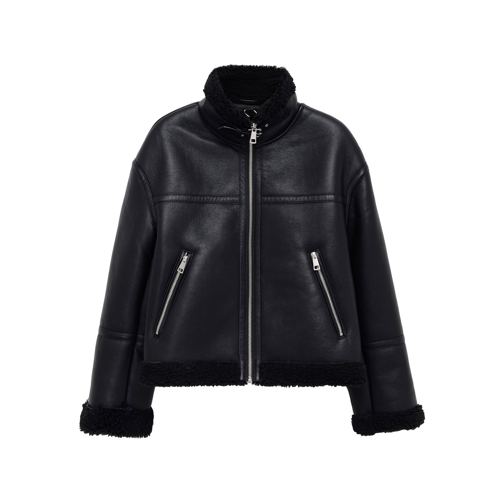 Women's Jacket Black Faux Leather Shearling BYMANYC ® New York SOHO BLACK AVIATOR BIKER - New Collection