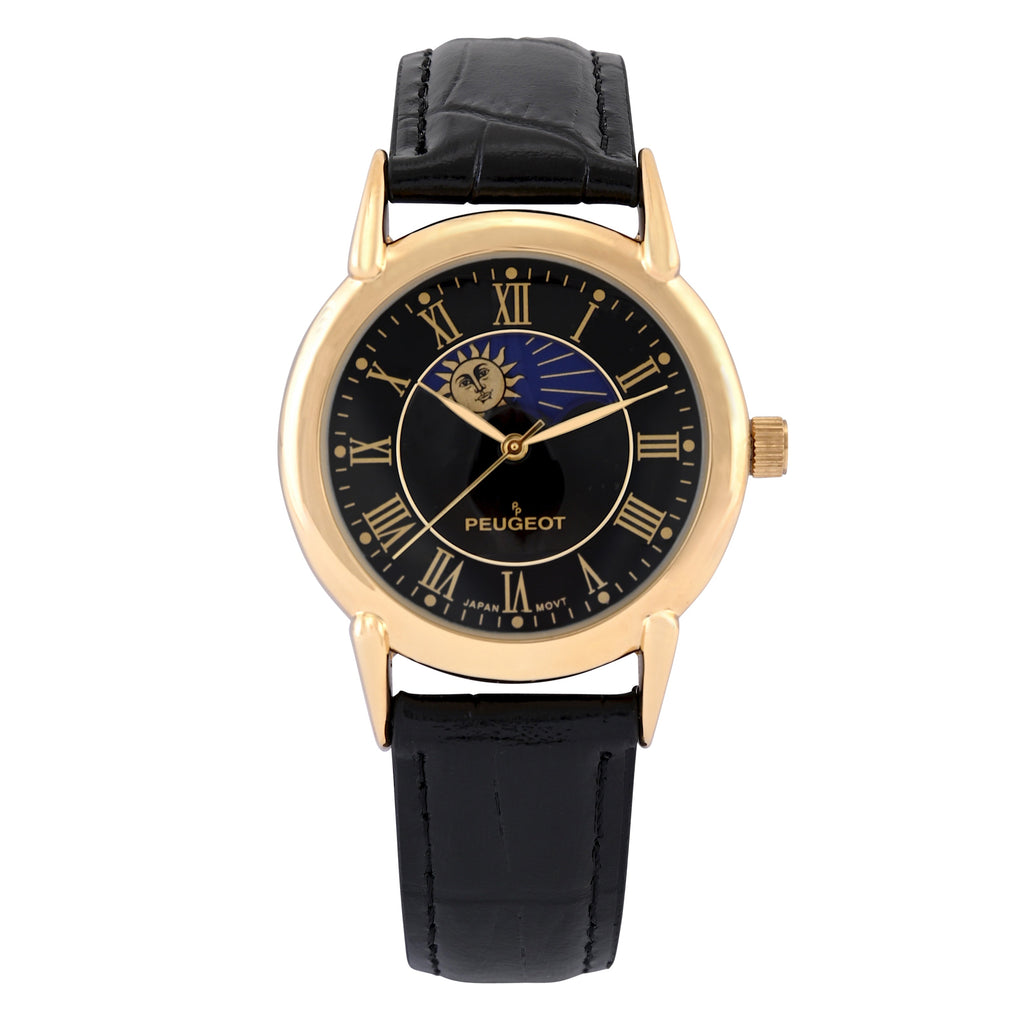 Men's 40mm Vintage Black Dial Sun Moon Black Leather Strap Watch