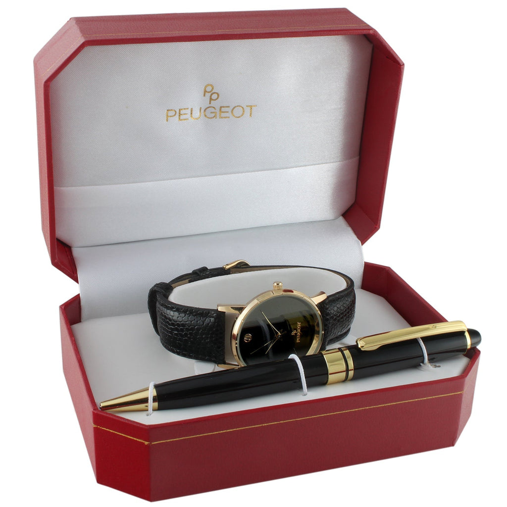 Men Black Leather Dress Watch & Pen Gift Set