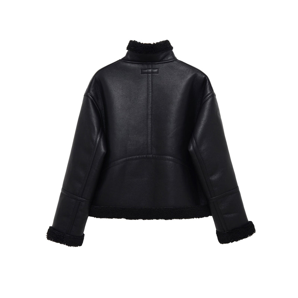 Women's Jacket Black Faux Leather Shearling BYMANYC ® New York SOHO BLACK AVIATOR BIKER - New Collection