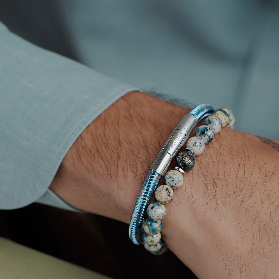 Lhasa Graffiato Beaded Bracelet in Rhodium Silver with Cream and Blue Azurite - My Men's Shop