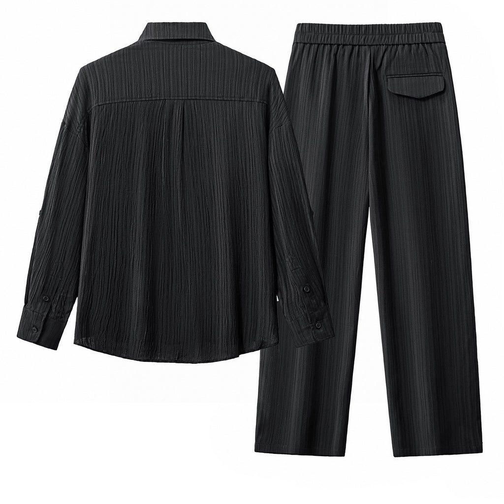 Crinkle Texture Shirt & Pant Set BLACK - My Men's Shop
