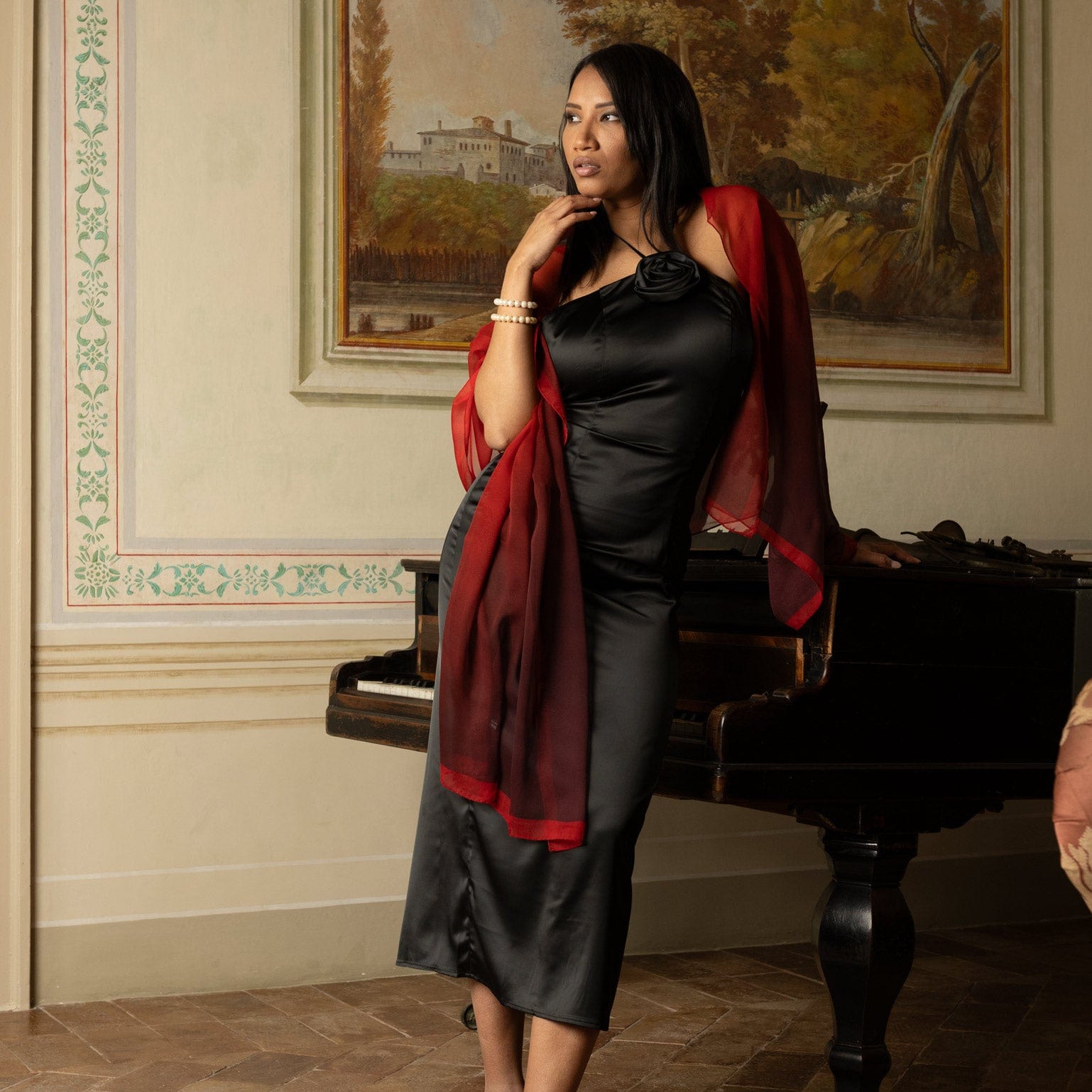 Sophia - Silk Scarf Shawl - Burgundy/Red