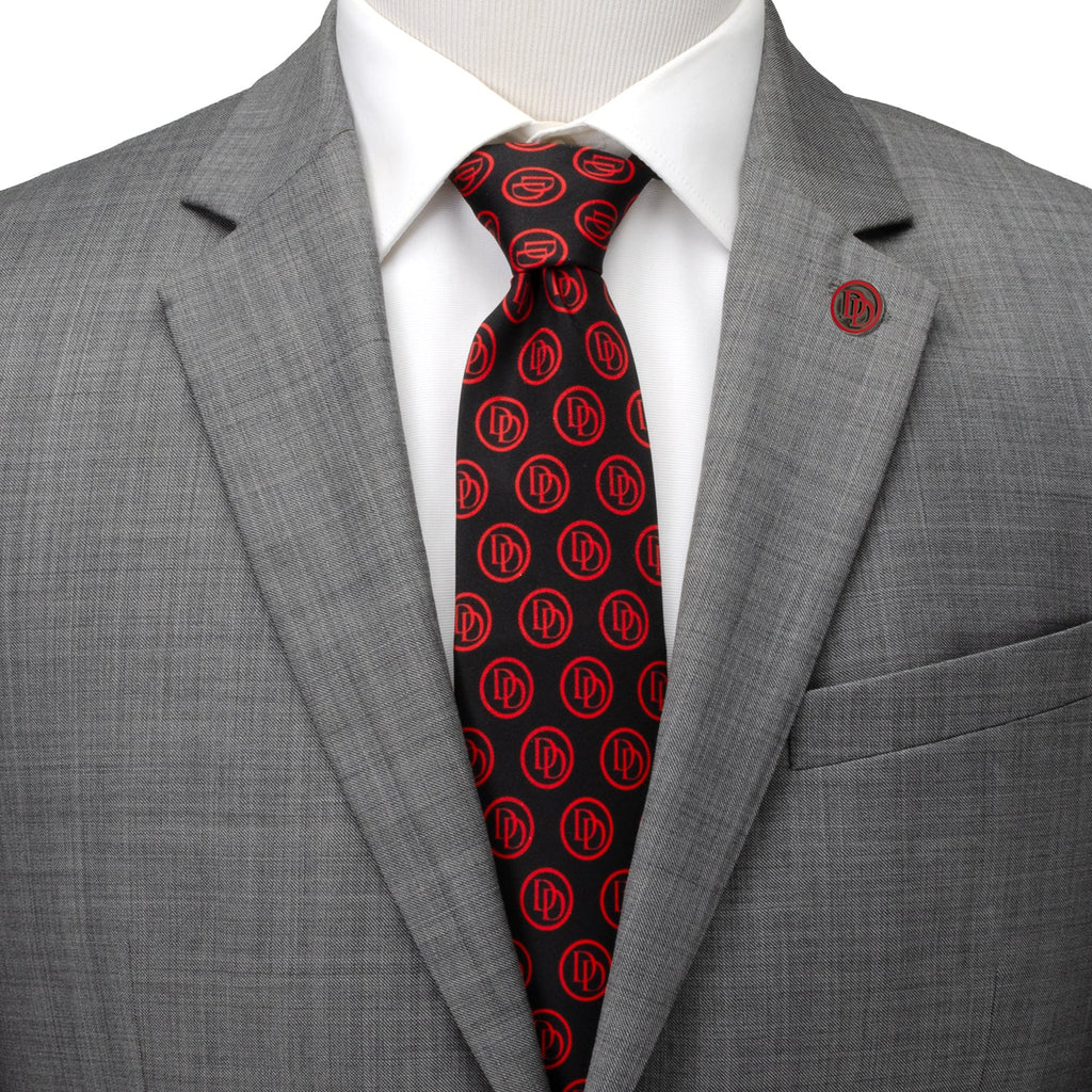 Marvel Daredevil Men’s Black Tie and Embossed Logo Lapel Pin Gift Set