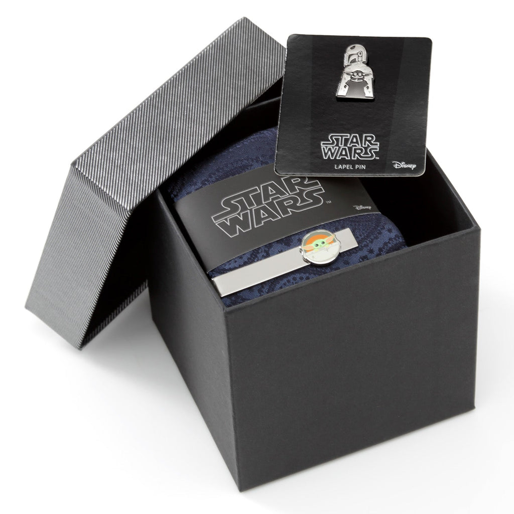 Star Wars Mandalorian and Grogu Navy Paisley Tie, Grogu Tie Bar, and Lapel Pin Gift Set