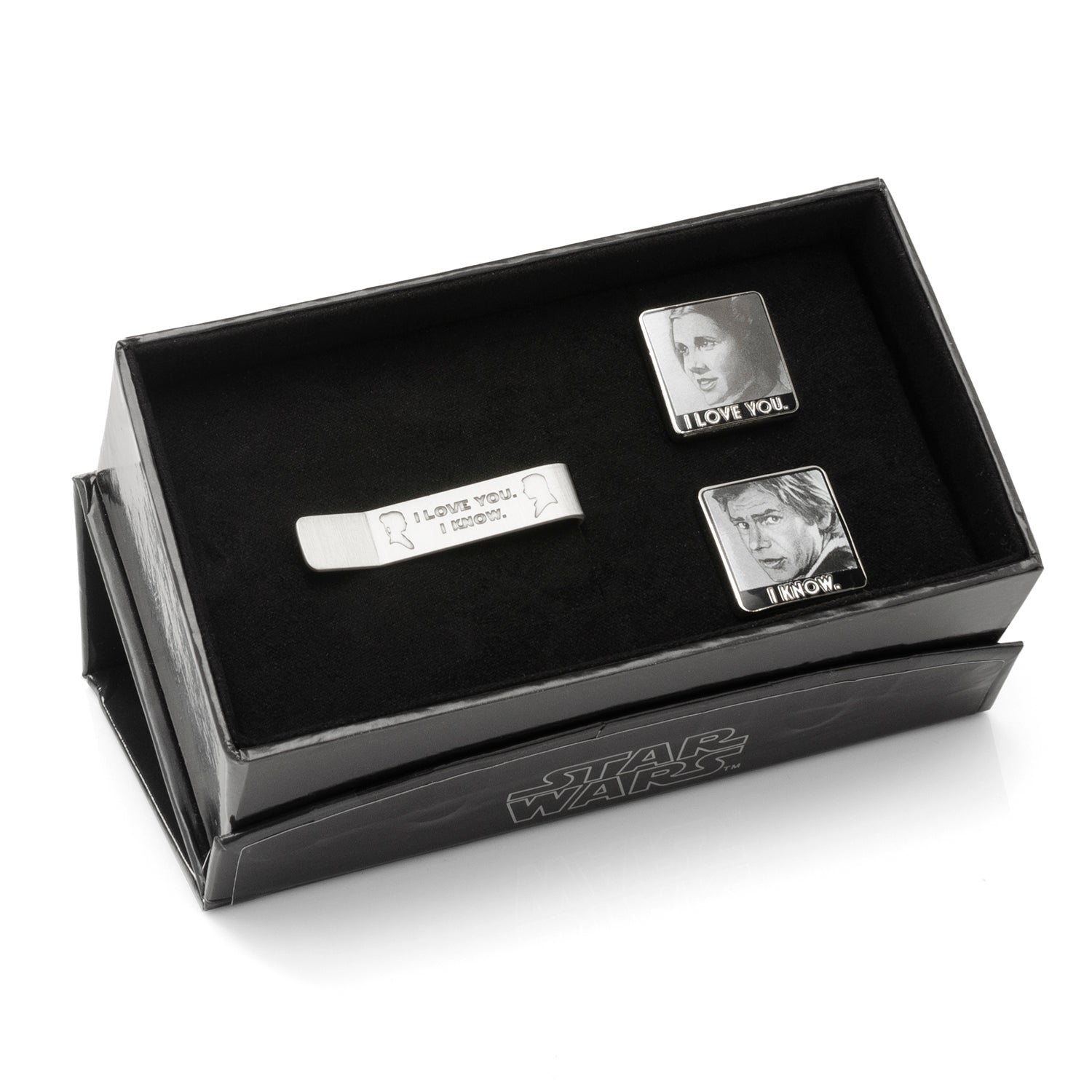 Star Wars Princess Leia and Han Solo "I Love You / I Know" Cufflinks with Hidden Message Tie Bar Gift Set