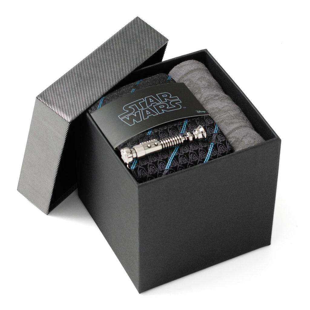 Star Wars Obi-Wan Kenobi Blue LIGHTSABER Pattern Black Tie, Tie Clip, and Gray Jedi Crest Dress Socks Gift Set