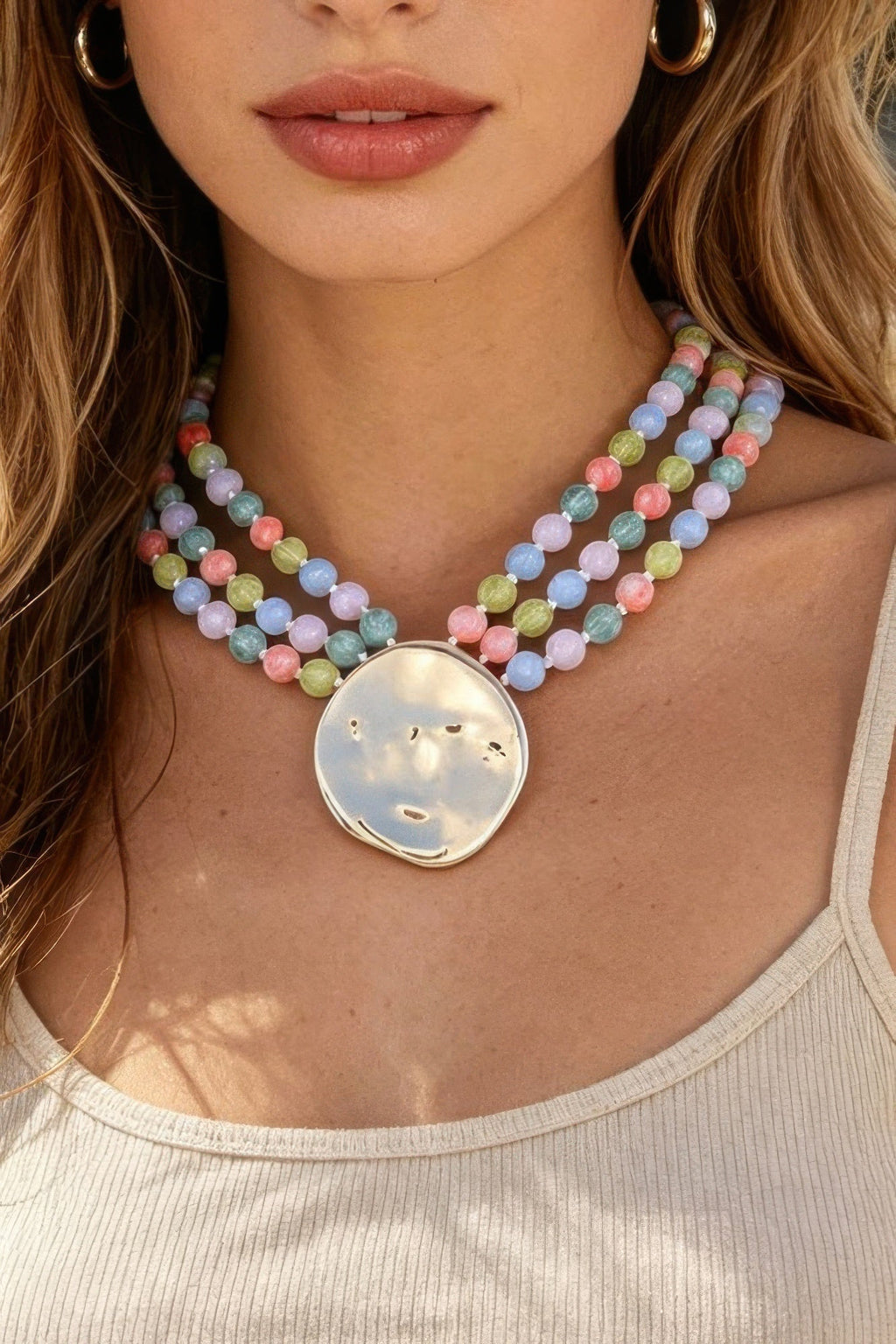 Women's Statement Necklace Triple Beaded Disc BYMANYC ® New York LAYERED TEXTURED COLLAR - New Collection