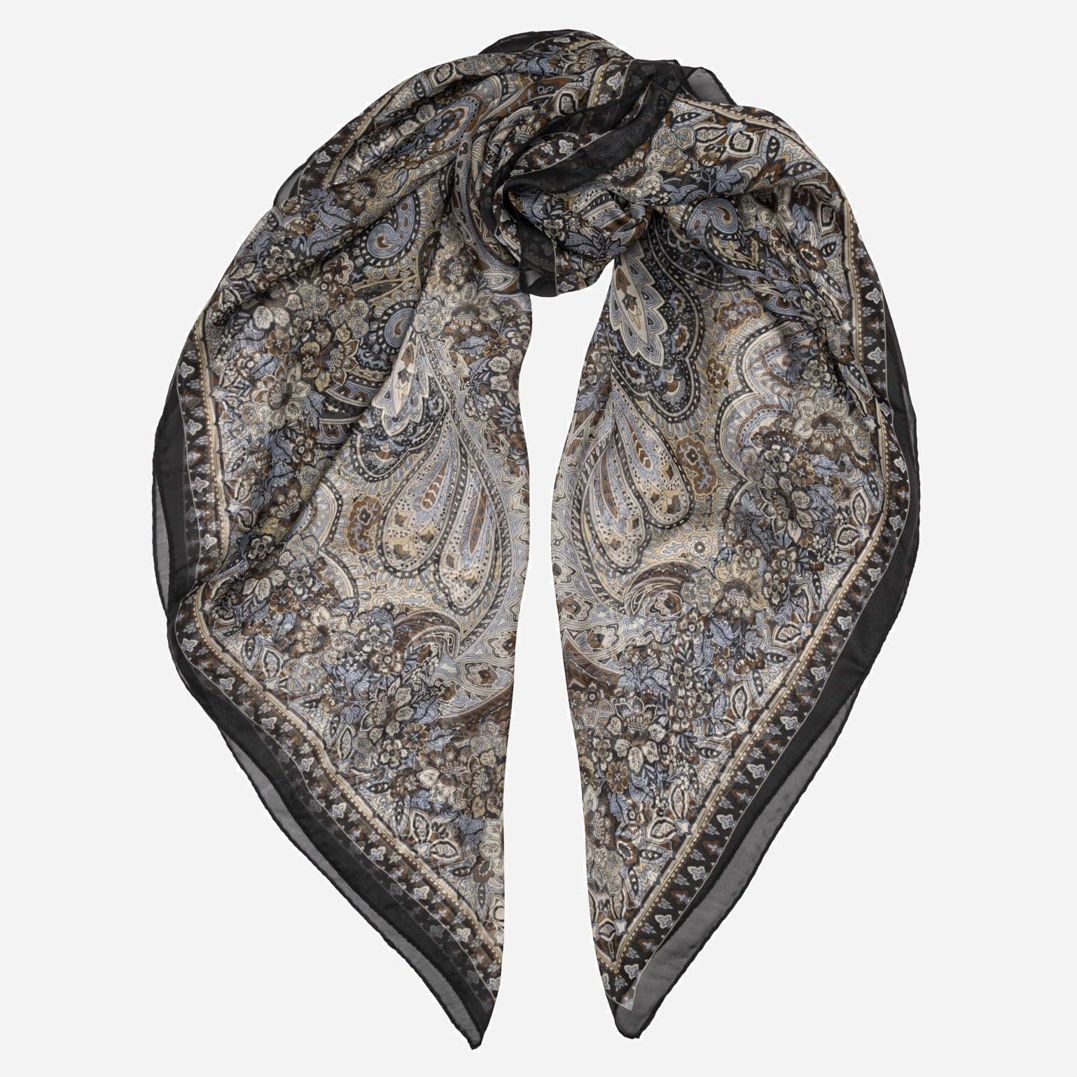 Helena - Silk Scarf Shawl - Brown and Blue