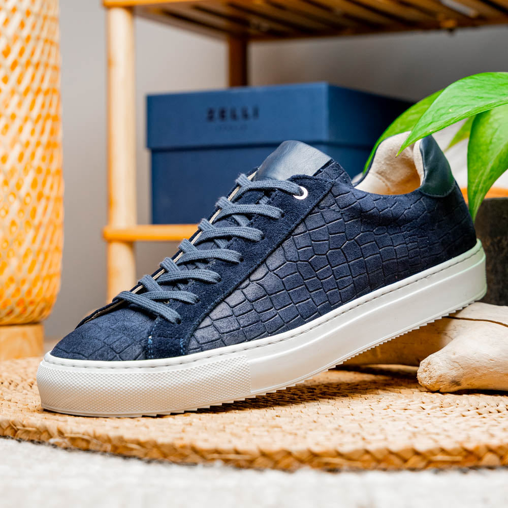66-266-NVY KOBE Crocodile Embossed Italian Sueded Goatskin Sneakers Navy