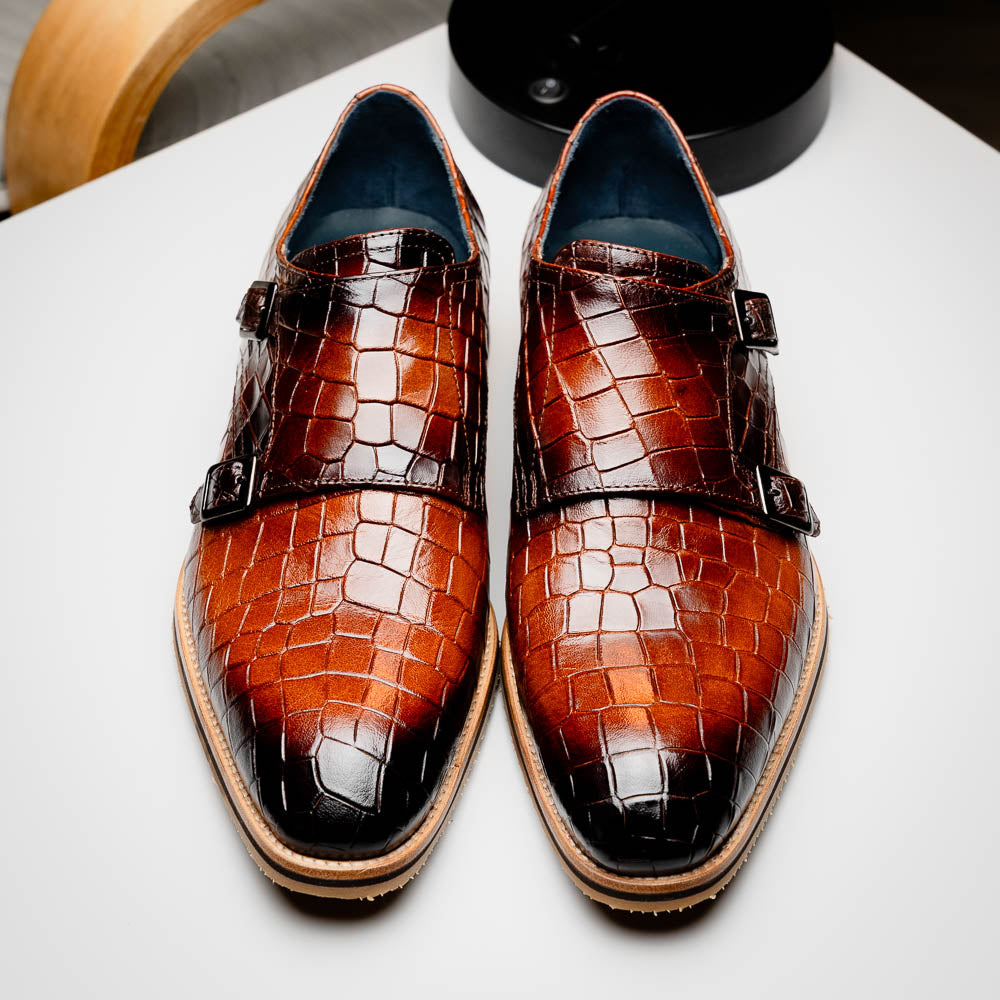 55-112-CGN LEGERRA Hand Burnished Crocodile Print Monkstrap Cognac
