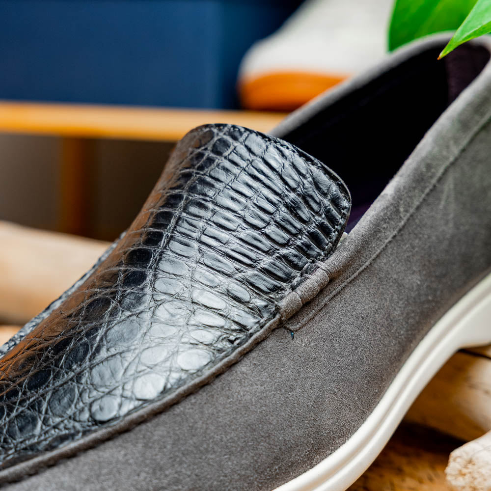 11-603-GRY BENE Sueded Italian Goatskin & Crocodile Loafer Grey