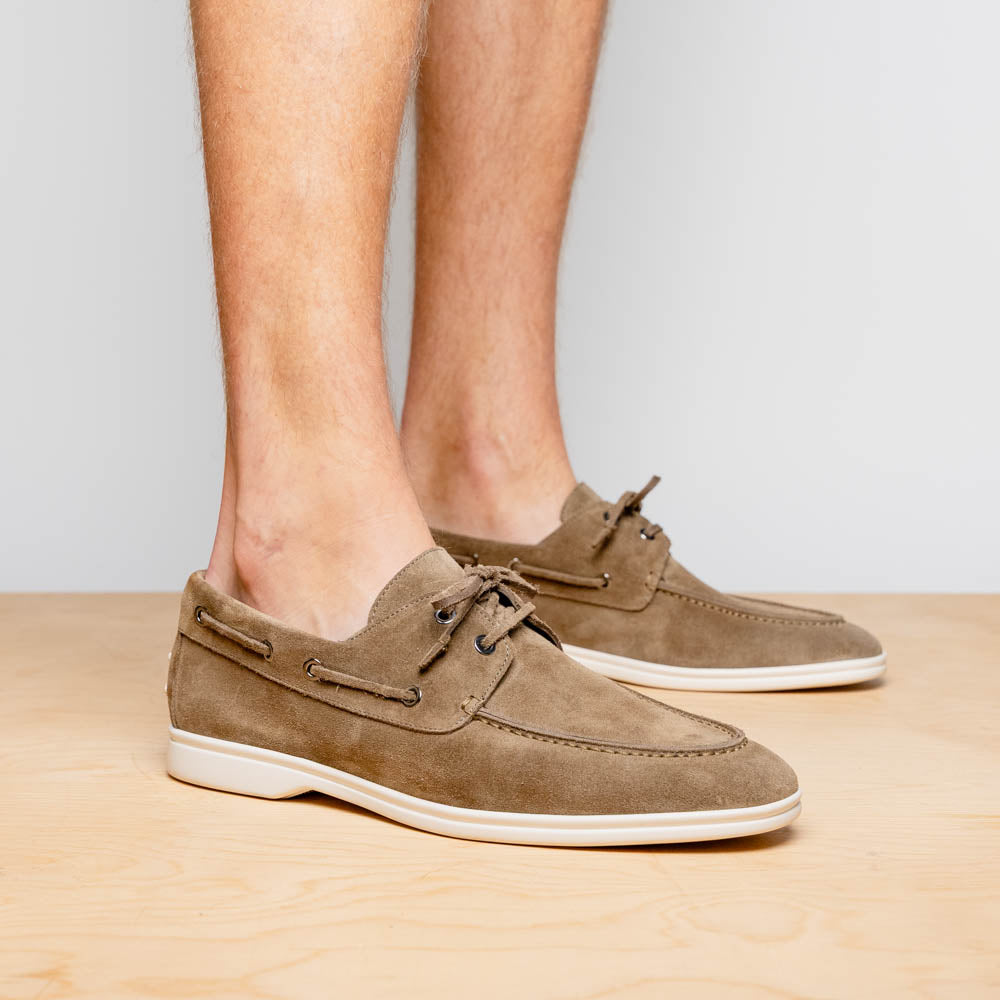16-675-TPE VENICE Italian Sueded Goatskin Boat Shoes, Taupe